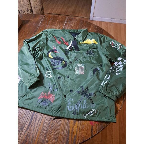New XL Reason Gritty Coach Jacket Oilve Green Front Snap Long Sleeve Windbreaker - Picture 7 of 11